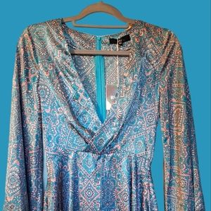 NWT Missguided Turquoise Blue and Pink Tile Print Satin Mini Skater Dress Size 0